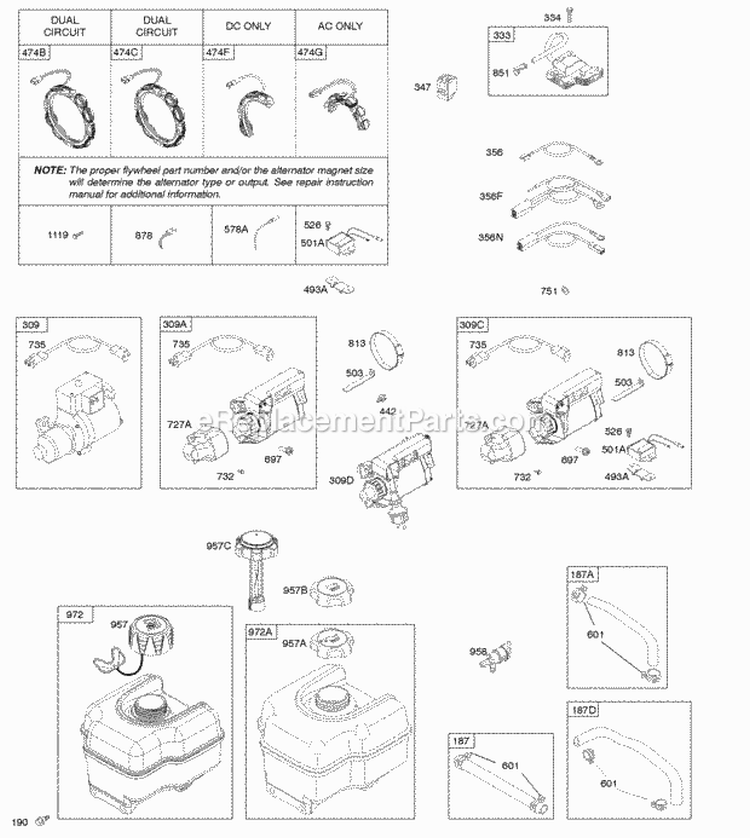 Alternator Electric Starter Fuel Supply Ignition Diagram and Parts List for  Briggs and Stratton Engine